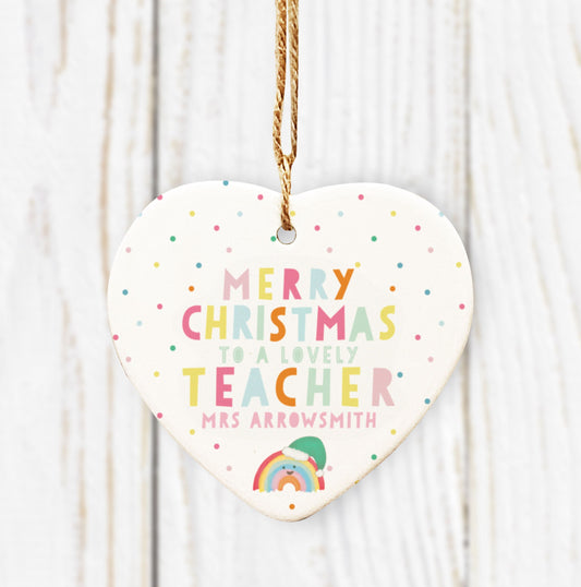 Merry Christmas Teacher Ceramic Heart Tree Decoration. Personalised Bauble. Teacher Christmas.Christmas Ornament.