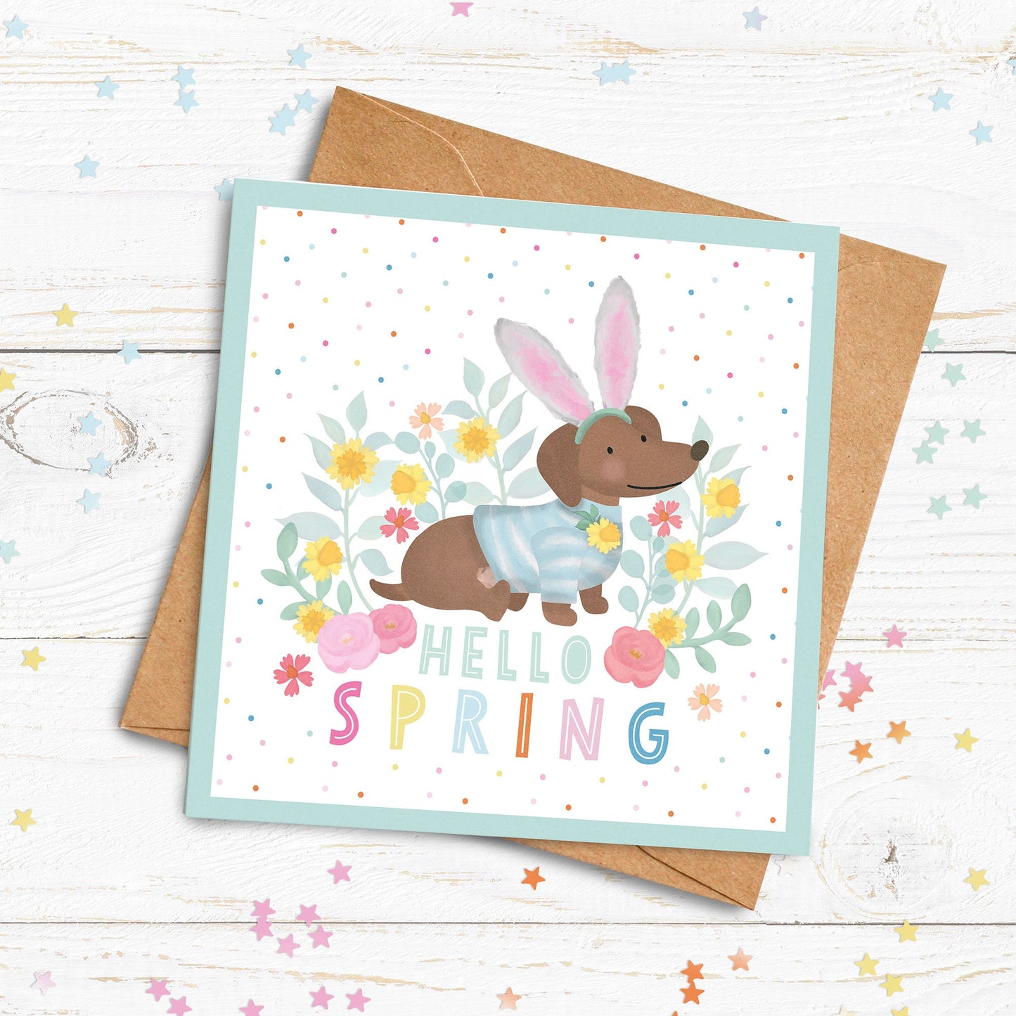 Hello Spring Personalised Card. Cute Sausage Dog Card. Cute Easter Card. Personalised Spring Time Card. Spring Birthday. Send Direct Option.