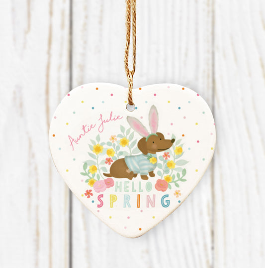 Hello Spring Sausage Dog Ceramic Heart. Personalised Easter Gift . Sausage Dog Heart. Personalised Birthday Gift.