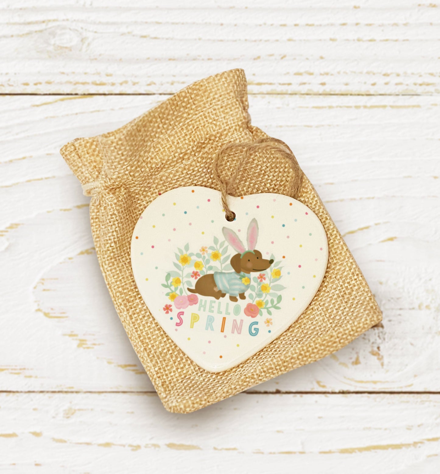 Hello Spring Sausage Dog Ceramic Heart. Personalised Easter Gift . Sausage Dog Heart. Personalised Birthday Gift.