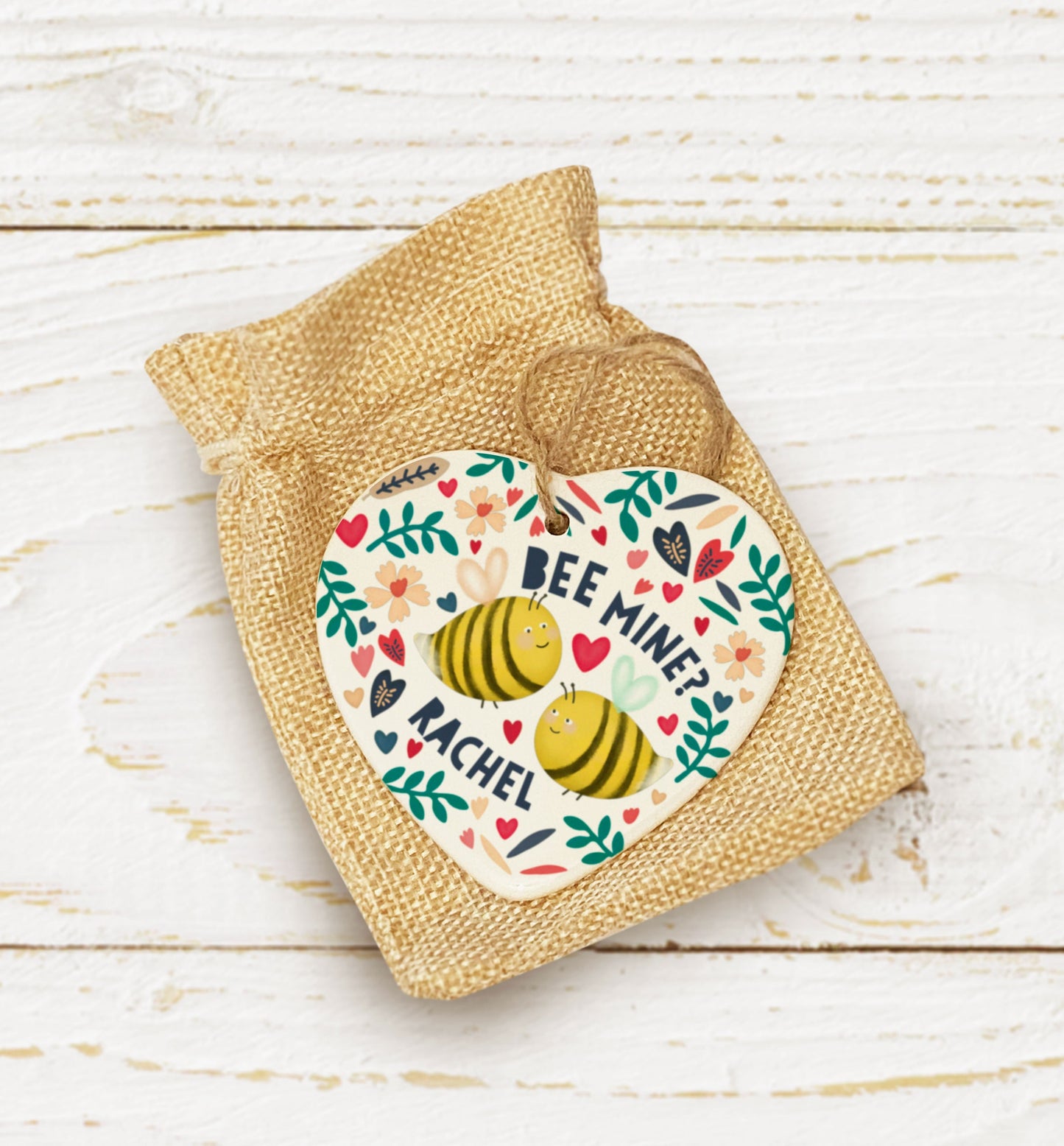 Bee mine Ceramic Hanging Heart. Personalised Valentine's Heart Token. Cute Valentine's gift. Personalised Valentine's Gift.