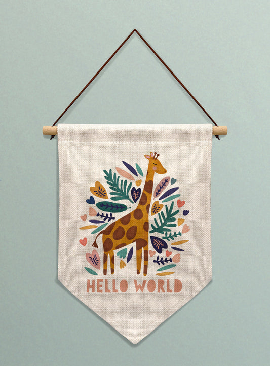 Giraffe Hello World Personalised Linen Banner. Personalised New Born Gift.Personalised wall banner.Personalised gift for baby.