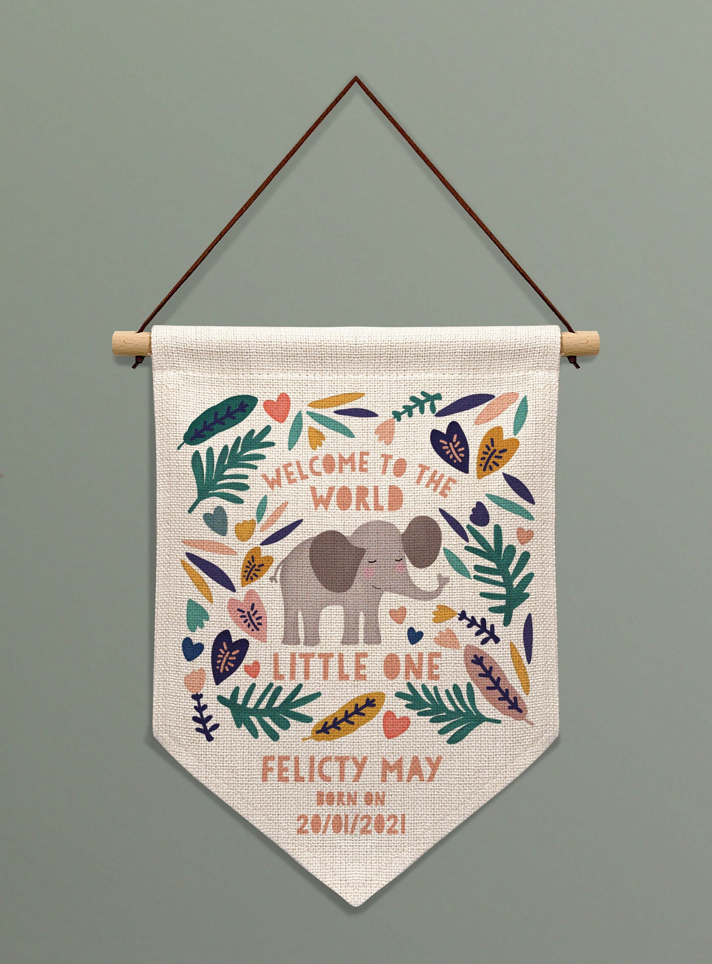 Welcome to the world Elephant Personalised Linen Banner. Personalised New Born Gift.Personalised wall banner.Personalised gift for baby.