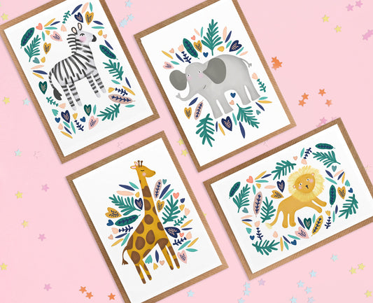 Safari Animals Postcards and Envelopes Pack of 4. Cute pack of postcards. Friendship pack of cards. Miss you cards.