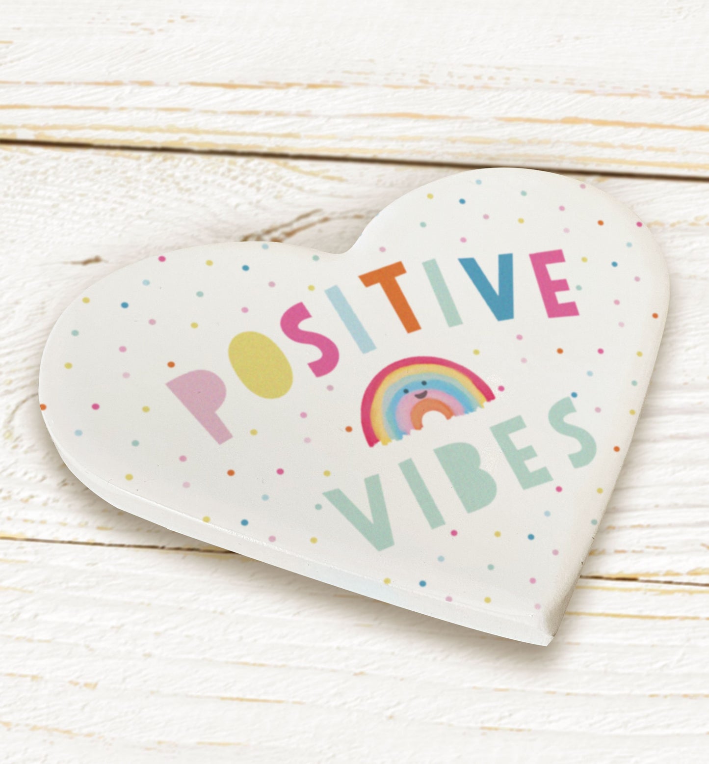 Positive Vibes Rainbow Ceramic Heart Coaster. Fun gift for best friends. Work from home gift. Home office Gift.