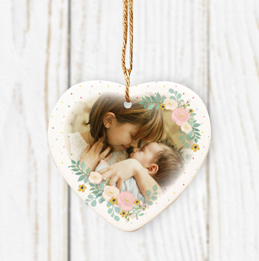 Floral Photo Ceramic Hanging Heart. Pretty Photo gift. Mother's Day Gift. Personalised Hanging Heart. Personalised Mother's Day Gift.
