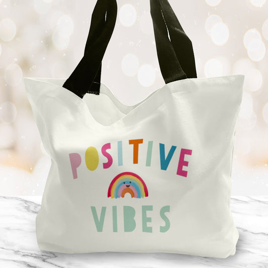 Positive Vibes Rainbow Large Tote Bag. Large Shopping bag. Birthday Gift. Mother's Day Gift Unique Gift Idea. Cute Tote Bag.