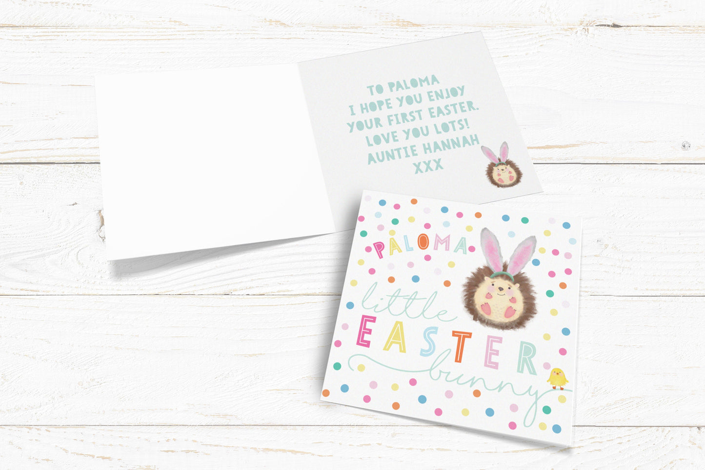 Little Easter Bunny Personalised Card. First Easter Card. Personalised Baby Card. Cute Hedgehog Card. Send Direct Option.