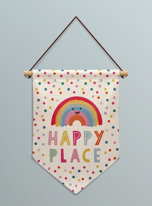 Happy Place Personalised Linen Banner. Personalised Room Banner. Personalised nursery gift. Personalised wall banner. Personalised gift.