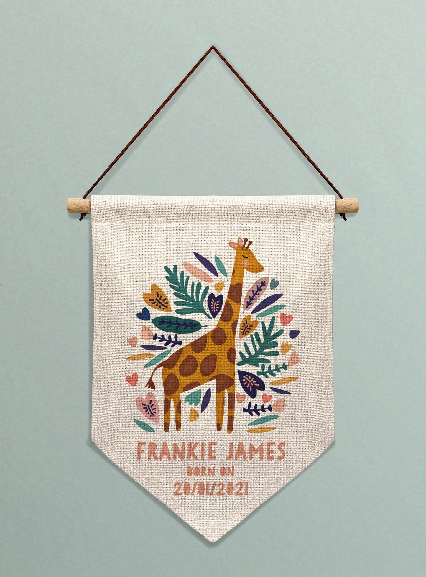 Giraffe Hello World Personalised Linen Banner. Personalised New Born Gift.Personalised wall banner.Personalised gift for baby.