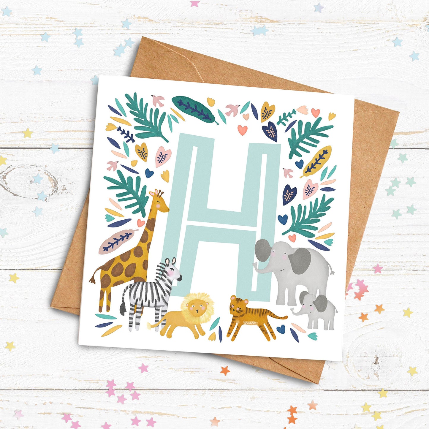 Animal Initial Baby Card. Welcome to the world card. Cute Animal Card. Hello world Card. Naming Day card. Christening. Send Direct Option.