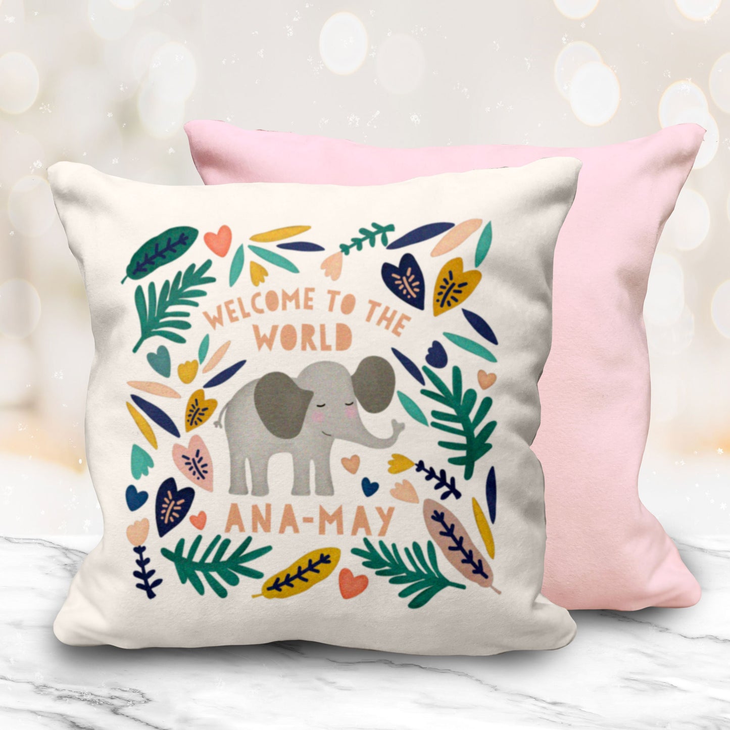Welcome to the World Elephant Cushion 10" Cushion. Cute personalised pink or blue cushion. New baby gift. Nursery Gift.
