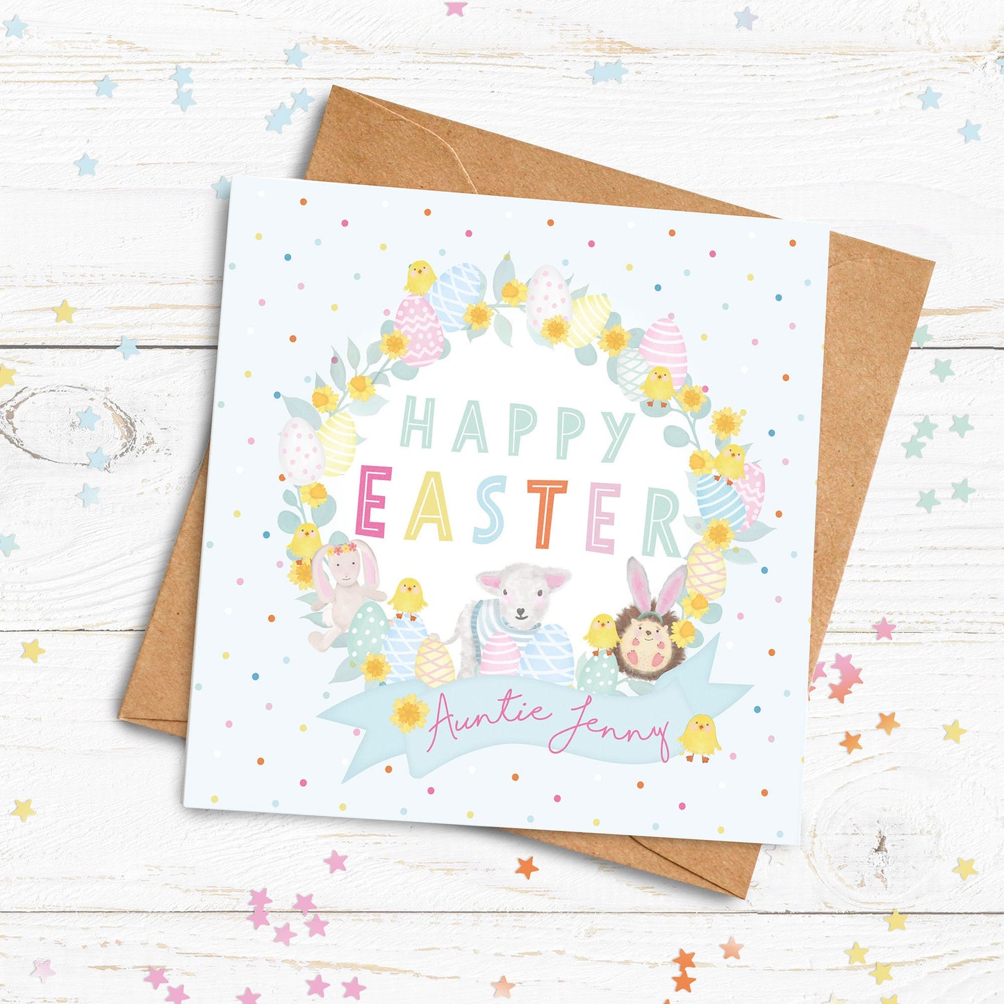 Happy Easter Wreath Card. Cute Easter Card. Personalised Happy Easter. Personalised Spring Time Card. Easter Bunny. Send Direct Option.