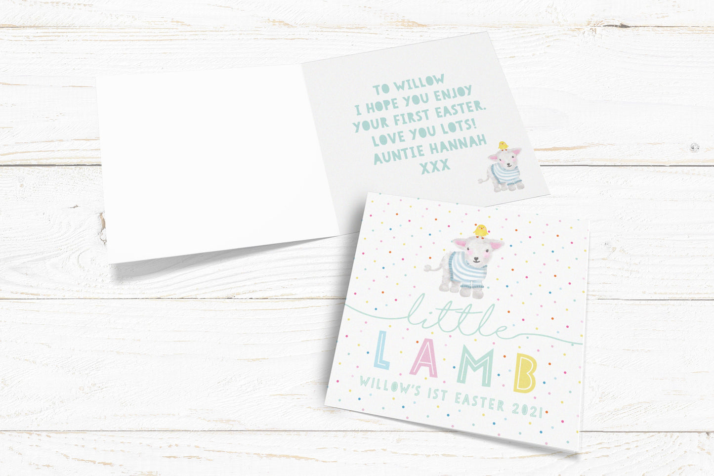 Little Lamb Personalised Card. First Easter Card. Personalised Baby Card. Personalised New Baby Card. Cute Lamb. Send Direct Option.