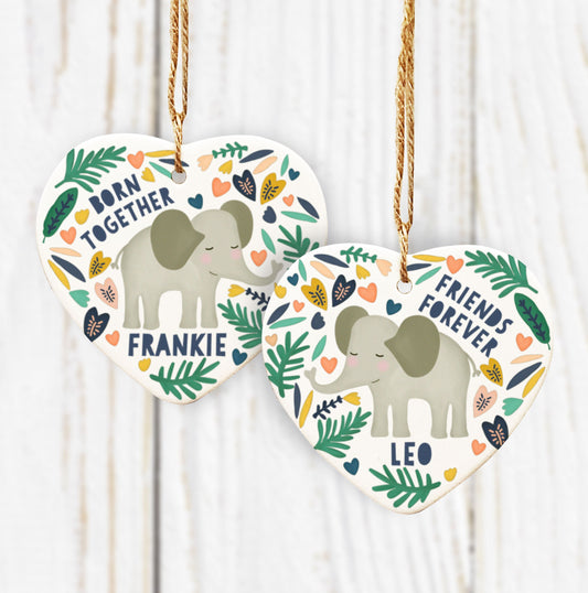 Personalised Twin Ceramic Hearts Gift. Twin Elephant Gifts. Born Together Friends Forever Elephant Twin Ceramic Hearts. Twin Gift.