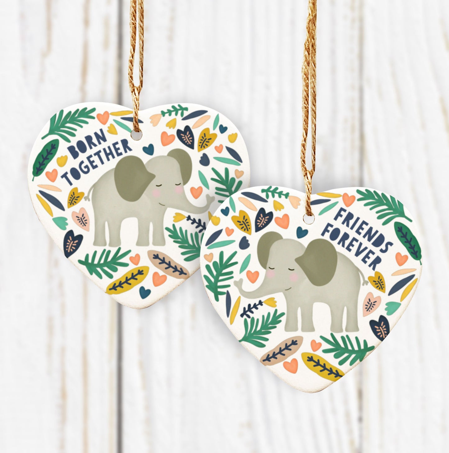 Personalised Twin Ceramic Hearts Gift. Twin Elephant Gifts. Born Together Friends Forever Elephant Twin Ceramic Hearts. Twin Gift.