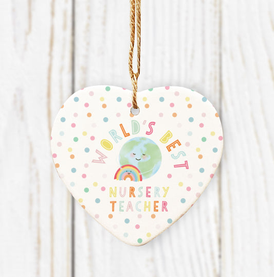 World's Best Teacher, Teaching Assistant, Nursery Teacher, Childminder, Nanny Ceramic Heart Decoration. Personalised Thank you teacher gift.