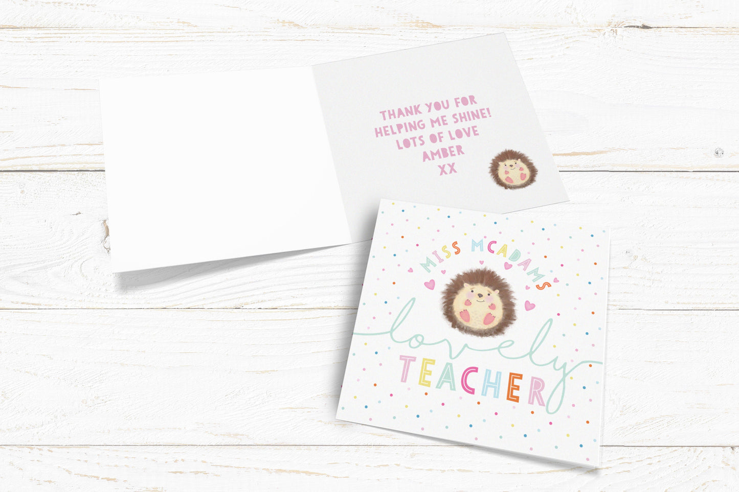 Hedgehog Lovely Teacher, Teaching Assistant, Childminder, Nanny or Nursery Teacher Card. Thank you teacher card. Personalised Card