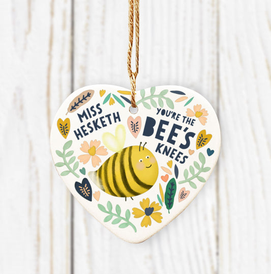 Bee's Knees Personalised Hanging Heart. Thank you teacher gift. Personalised Teacher Gift. Thank you gift. Ceramic ornament.