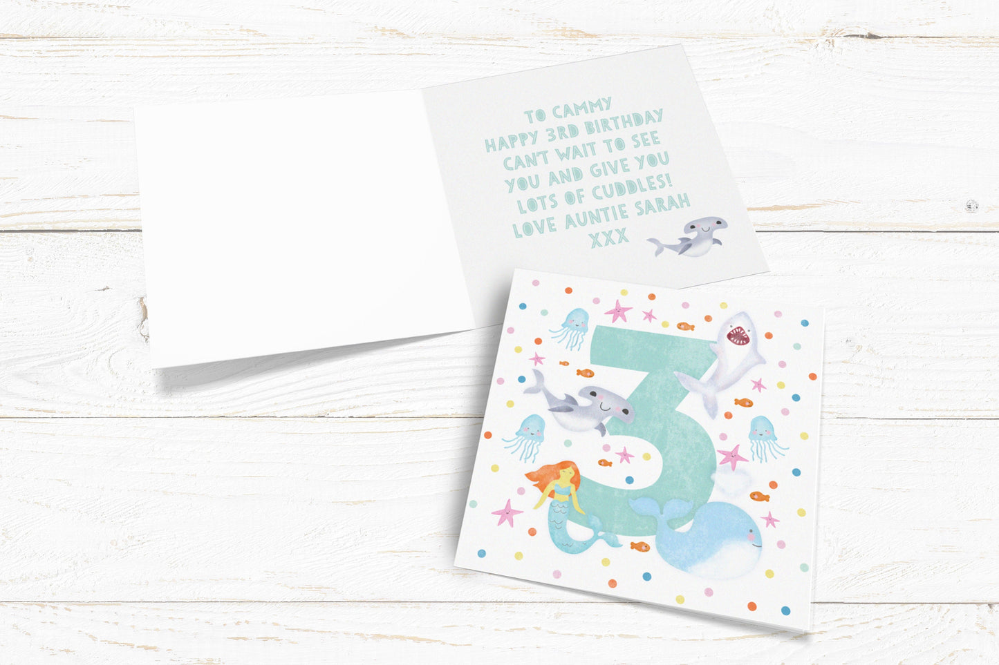 Under The Sea Age Card. Personalised Age Card. Cute Big Number Card. Cute Shark, Whale, Jellyfish, Mermaid Card. Send Direct Option.