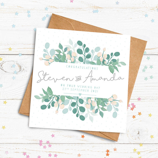 Pretty Foliage Wedding Day card. Wedding Card. Personalised Wedding Card. Congratulations on your wedding card. Send Direct Option.