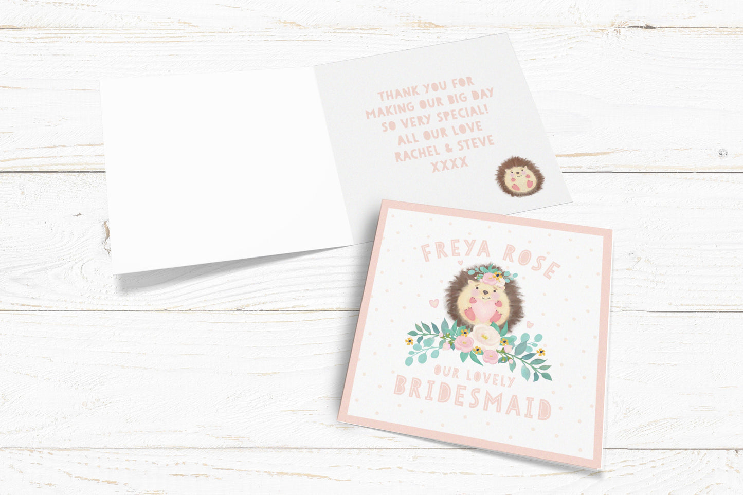 Our Lovely Bridesmaid Hedgehog Personalised Card. Maid of Honour, Flower Girl, Ring Bearer, Mother of the Bride/Groom.Send Direct Option.