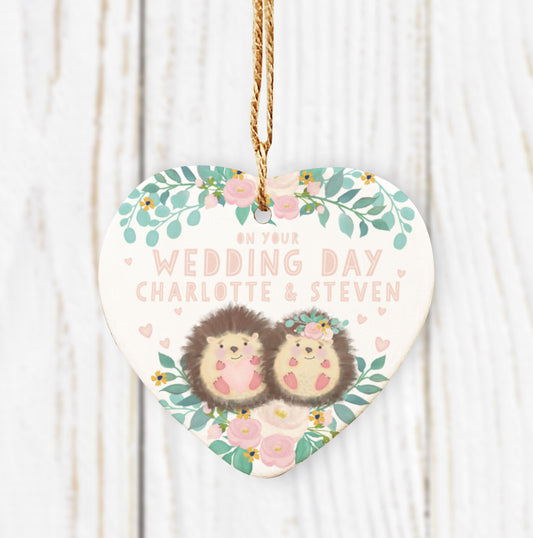 On your Wedding Day Hedgehog Ceramic Heart. Wedding gift. Cute Hedgehog Heart. Personalised Wedding Gift.