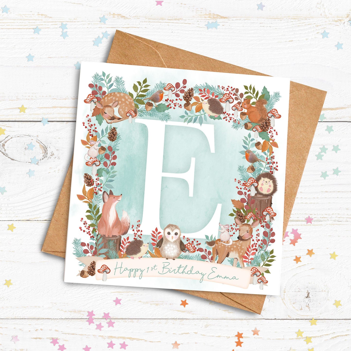 Woodland Animal Initial Card. Cute Animal Card. Hello world Card. Naming Day card. Christening. First Birthday Card. Send Direct Option.