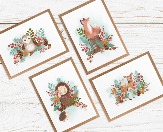 Wild Animals Postcards and Envelopes Pack of 4. Cute pack of postcards. Friendship pack of cards. Miss you cards.