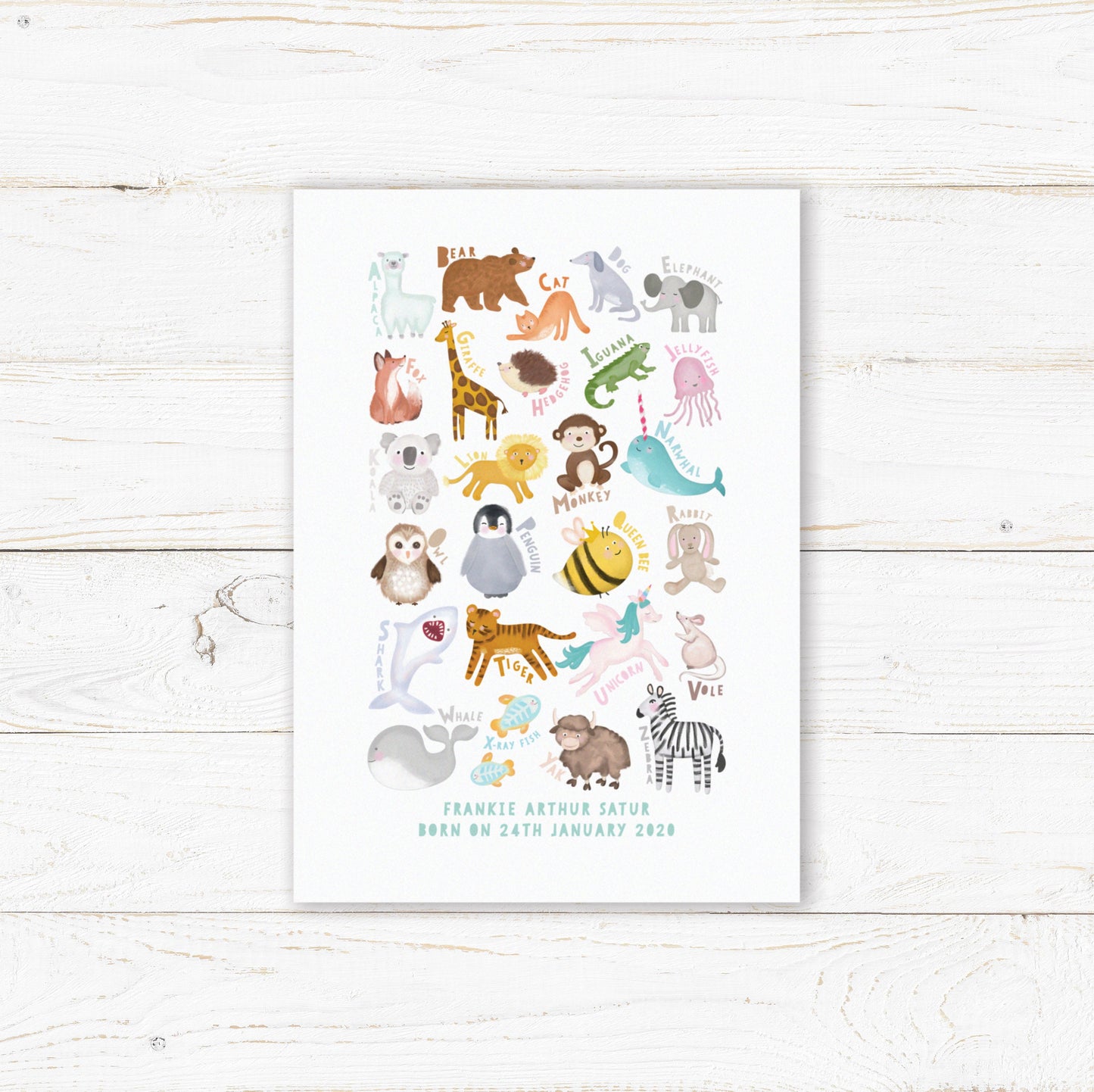 Animal Alphabet Personalised Print. Nursery Childs Bedroom. New Baby Gift. Personalised Name Print. Child's Birthday Present. Wall Art.