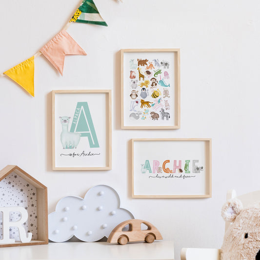 3 Print Animal Alphabet Personalised Bundle. Nursery Room Print Bundle. Cute Children's Room Print Bundle.