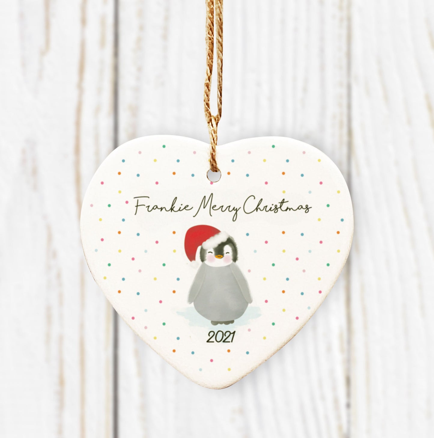 Personalised My First Christmas / Merry Christmas Hanging Ceramic Heart. Cute Penguin Decoration. New Baby Gift. Baby's First Christmas.