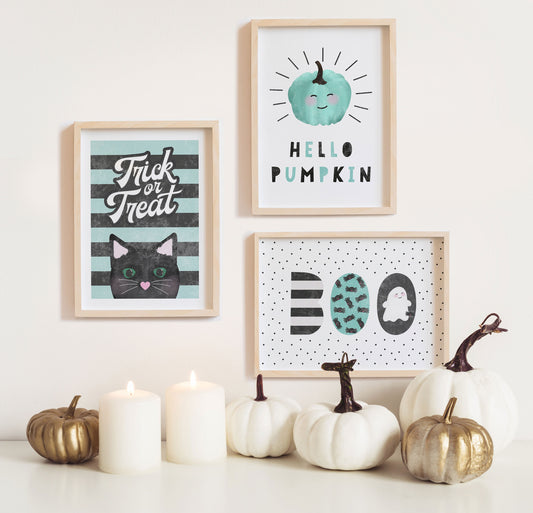 3 Cute Halloween A4 Print Bundle. Pumpkin Print. Cute Boo Print. Cute Cat print. Autumn Prints. Cute Children's Room Print Bundle.