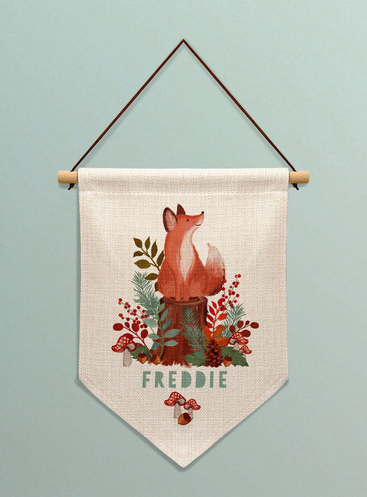 Cute Woodland Fox Personalised Banner. Personalised New Born Gift. Personalised wall banner. Personalised gift for baby. Nursery Decor.