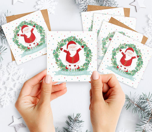 Merry Christmas 2021 Mini Cards. Cute Father Christmas Wreath Cards. Cute Santa Cards. Pack of Christmas Cards. Cute Christmas.