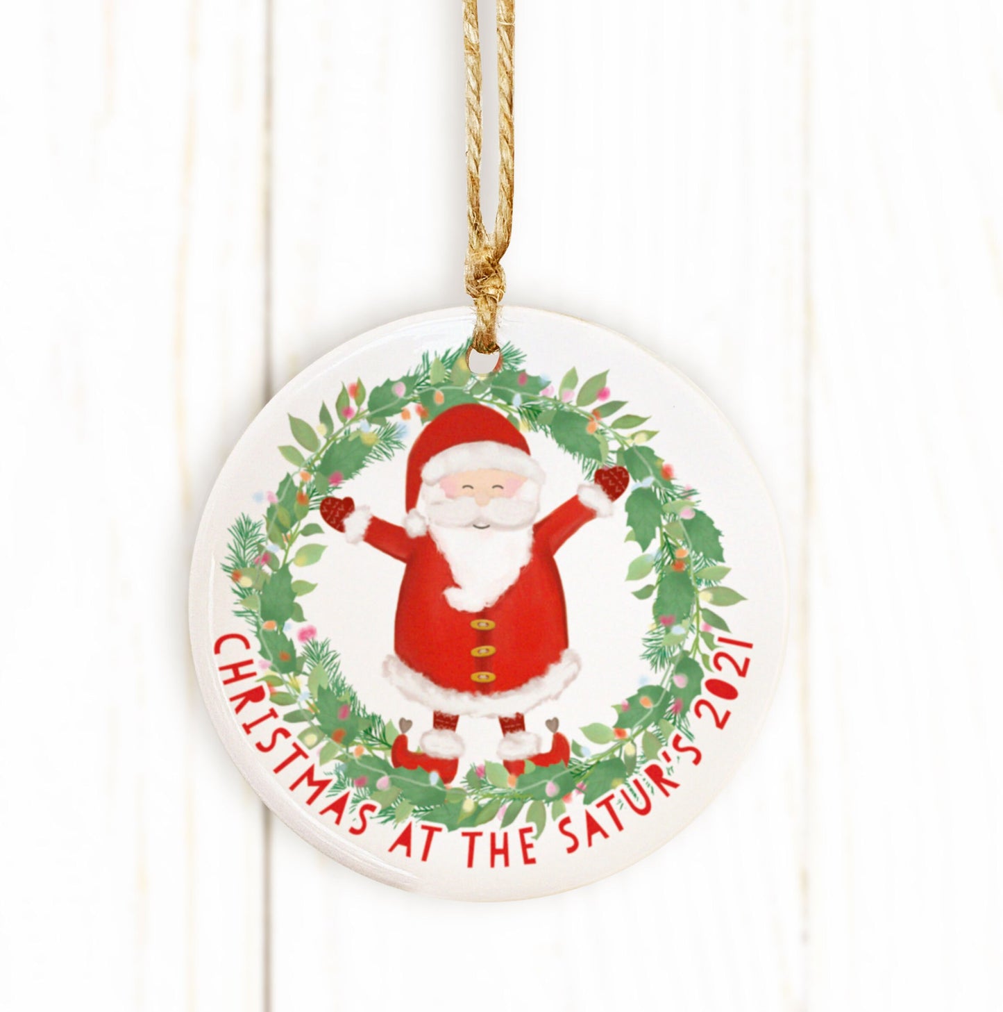 Father Christmas Wreath Ceramic Ornament. Santa Bauble. Personalised Bauble. My First Christmas Bauble. Personalised Tree Bauble