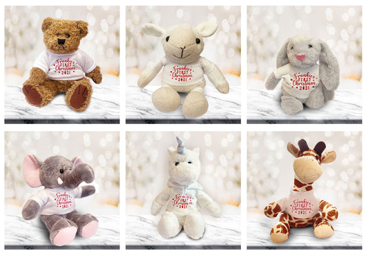 Personalised First Christmas Soft Toy. Teddy Bear, Giraffe, Elephant, Bunny, Lamb or Unicorn Soft Toy. Personalised Christmas Gift.