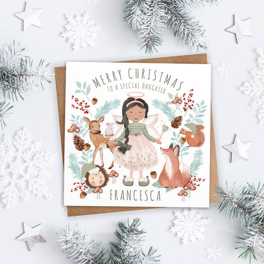 Personalised Woodland Christmas Fairy Card. Any skin tone and hair colour Fairy. Special Daughter, Granddaughter, Niece Card.