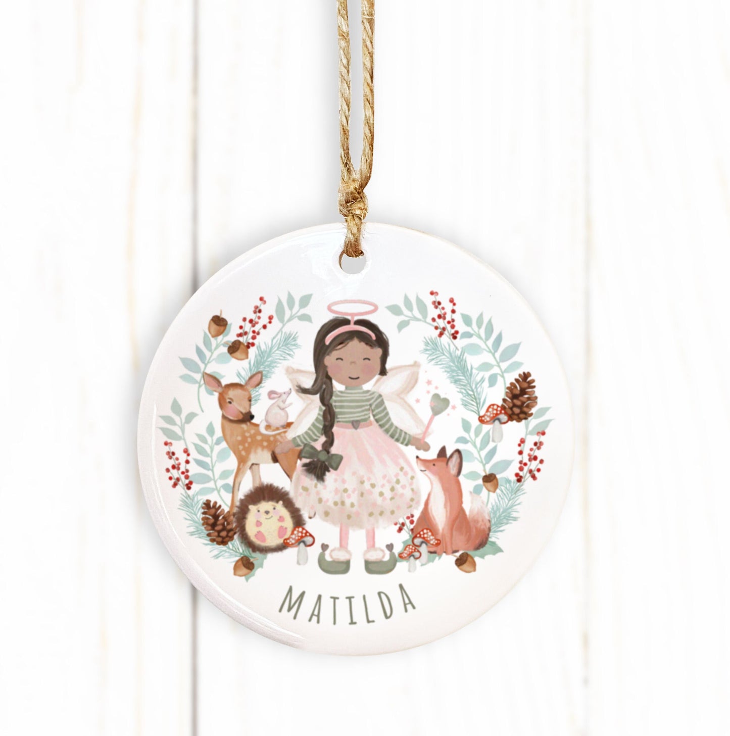 Personalised Woodland Christmas Fairy Bauble. Any skin tone and hair colour Fairy. Personalised Christmas Tree Decoration.