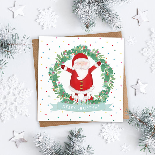 Merry Christmas 2021. Father Christmas Card. Cute Santa Wreath Card. Happy Holidays. Cute Santa. Cute Christmas Card. Send Direct Option.