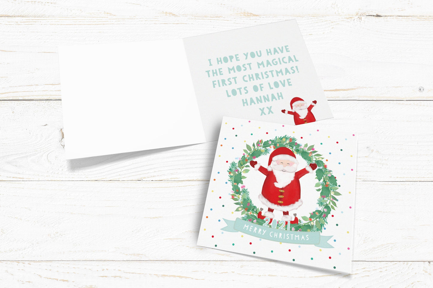Merry Christmas 2021. Father Christmas Card. Cute Santa Wreath Card. Happy Holidays. Cute Santa. Cute Christmas Card. Send Direct Option.