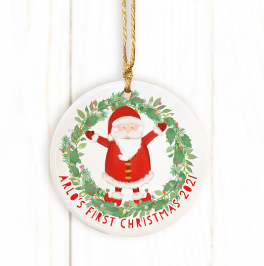 Father Christmas Wreath Ceramic Ornament. Santa Bauble. Personalised Bauble. My First Christmas Bauble. Personalised Tree Bauble