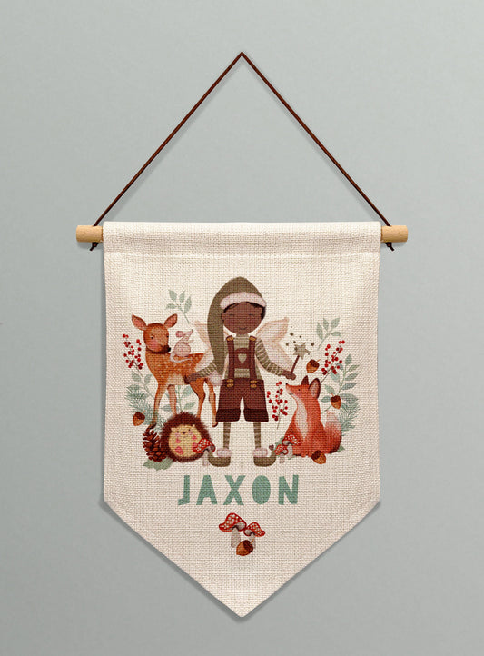 Personalised Woodland Christmas Elf Banner. Any skin tone and hair colour Elf. Personalised Christmas Banner.