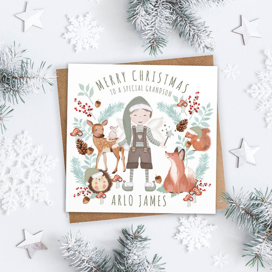 Personalised Woodland Christmas Elf Card. Any skin tone and hair colour Elf. Special son, Grandson, Nephew, Brother Card.