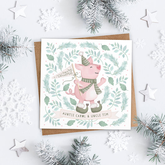 Christmas Pig Personalised Christmas Card. Cute Christmas Pig. Cute piggy. Cute Christmas Card. Send Direct Option.
