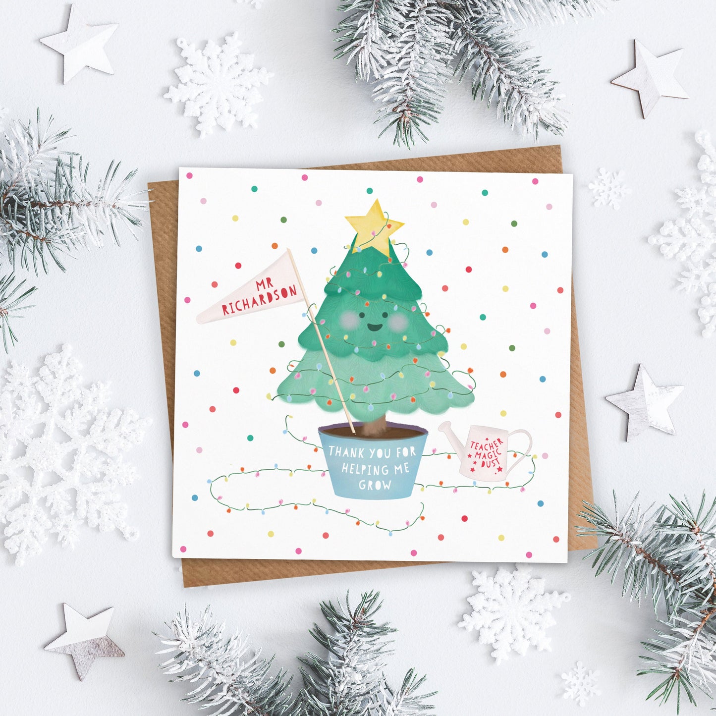 Thank you for helping me grow Teacher Christmas Card. Christmas Tree Card. Teacher, Teaching assistant, Childminder Card.Send Direct Option.