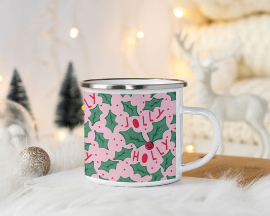 Cute Christmas Jolly Holly Single Enamel Mug. Cute Christmas Eve Mug. Hot Chocolate Mug.