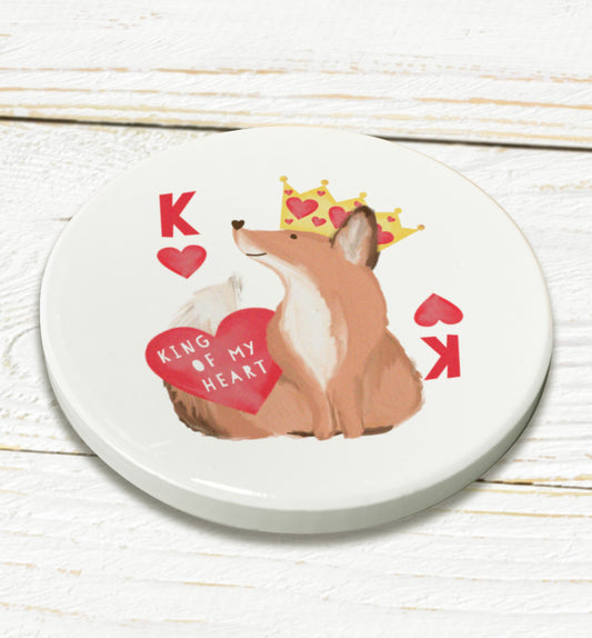 King of My Heart Ceramic Coaster. Cute fox. Cute Valentine's Gift.