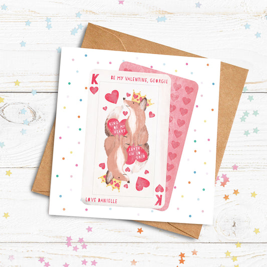 King of My Heart Fox Personalised Card. Cute Valentine's Card. Playing card design card. Send Direct Option.