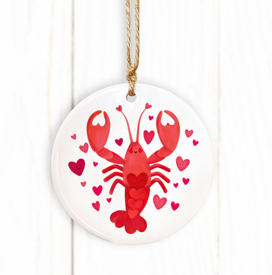 Lovely Lobster Hanging Round Ceramic Decoration. Cute Lobster Decoration. Cute Valentine's Day. Ceramic ornament